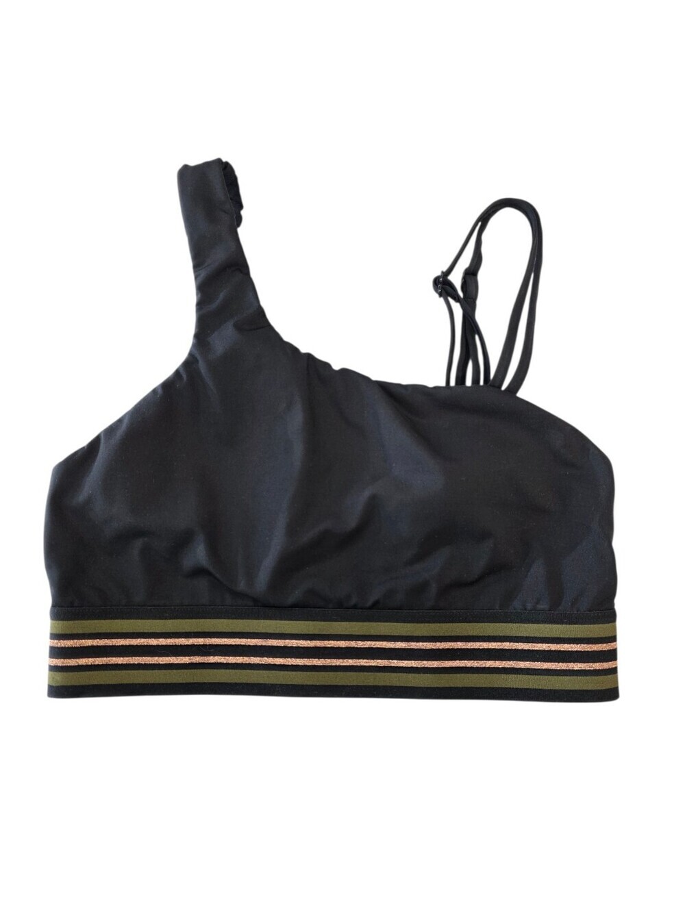 Seafolly Black One-Shoulder Sports Bralette with Olive and Gold Stripe Band
